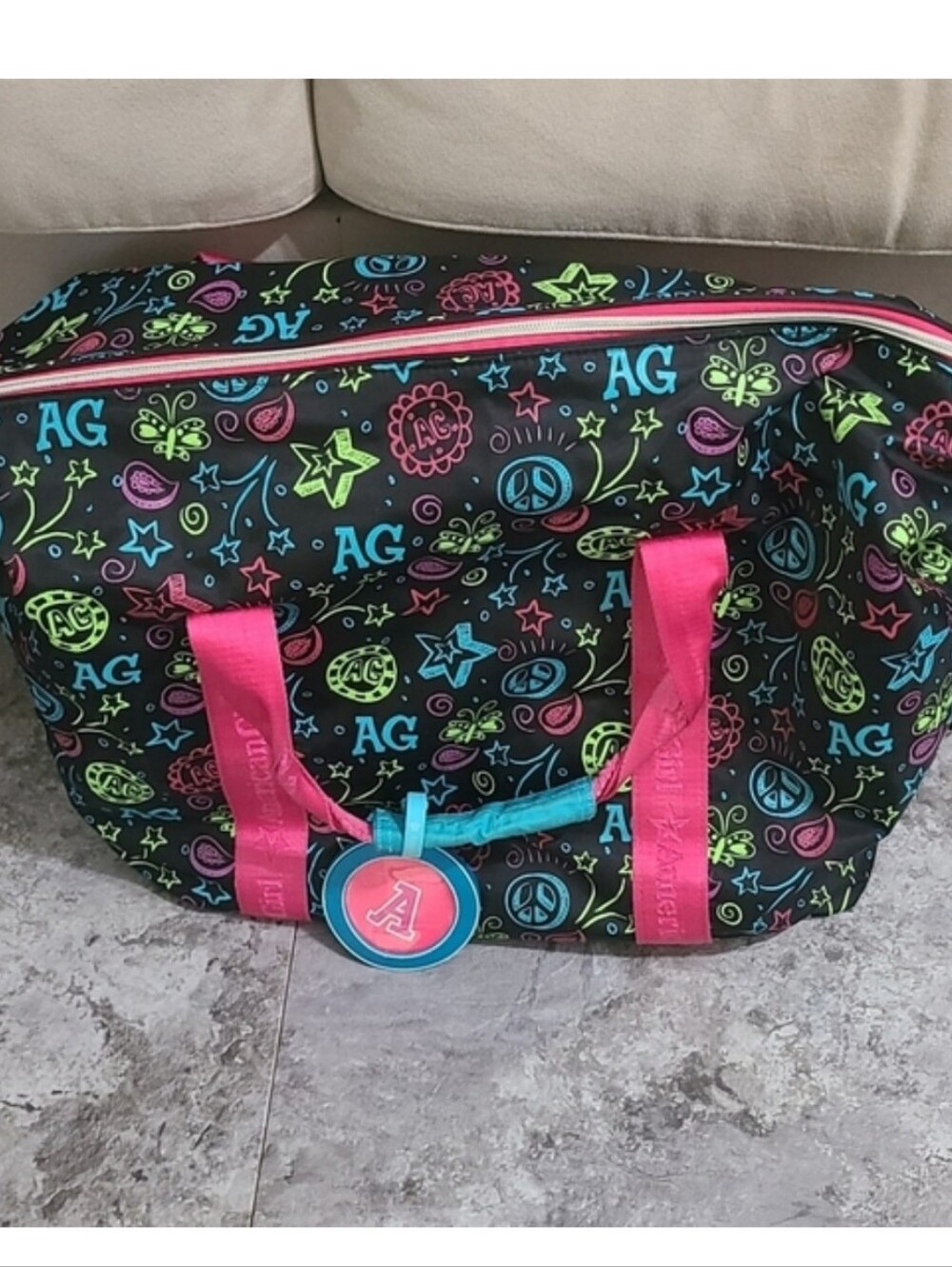 Amercian Girl Doodle Duffel Star Peace Butterfly Print Bag Length 15" Width 20" - Picture 2 of 4